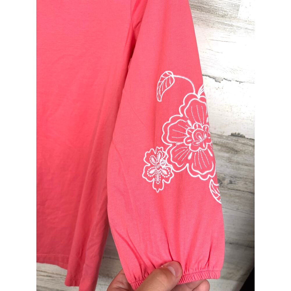 Talbots Womens M Pink Coral Embroidered Floral Balloon Sleeve Cotton Blouse Top - Picture 4 of 5